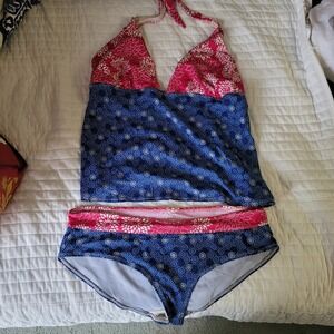 Vintage Cazimi Womens XLARGE Tankini Swimsuit Blue Floral Pink Halter Top Bottom